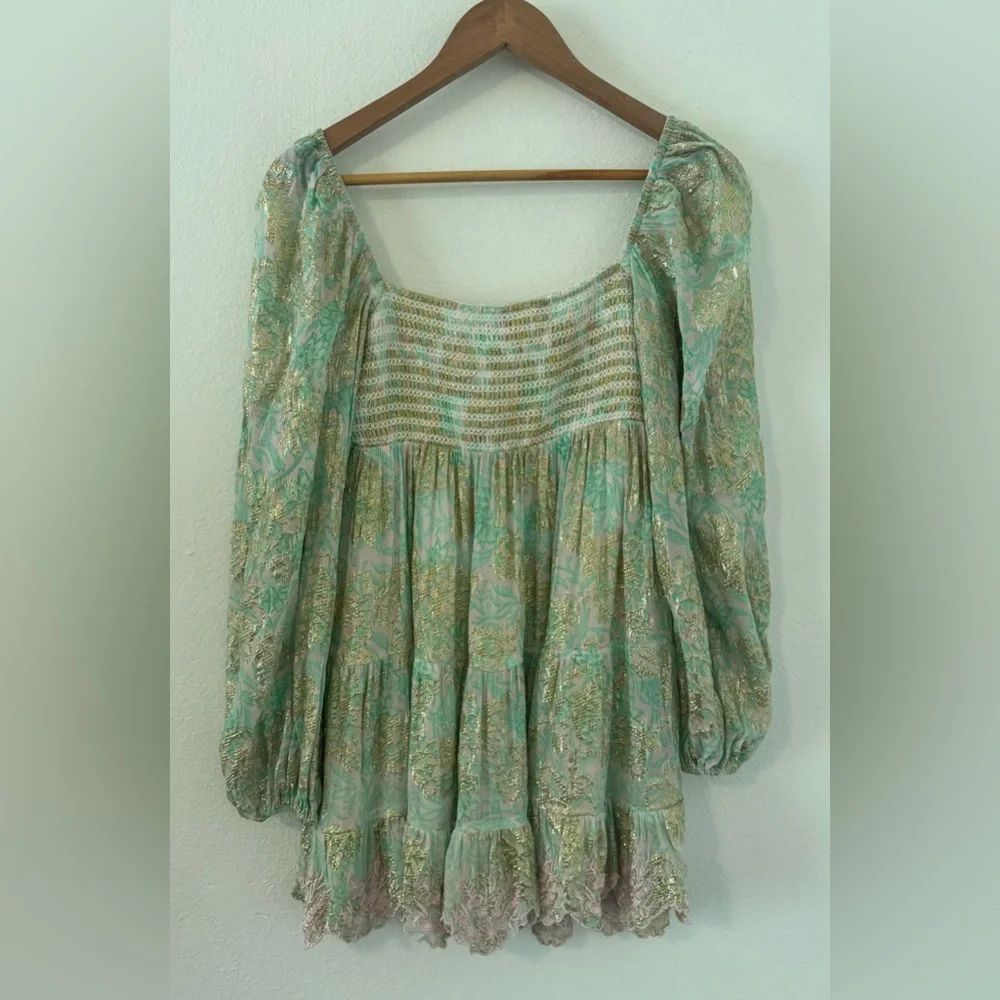 HEMANT & NANDITA Sidra Mini Dress Metallic Babydoll Flowy Sleeves XS ^FLAW* - Picture 2 of 11
